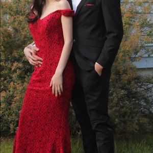 Off the shoulder rose embellished prom gown